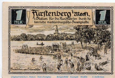Preview: Notgeld Stadt Fürstenberg 402.12 , 1 Mark Nr 1 , Udr. rosa , in kfr. von 1921 , Brandenburg Seriennotgeld