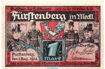 Notgeld Stadt Fürstenberg 402.7 , 1 Mark - rosabraun - in kfr. von 1921 , Brandenburg Seriennotgeld