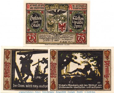 Notgeld Stadt Fürstenwalde 403.1 , Set mit 3 Scheinen 75 Pfennig in kfr. o.D.  Brandenburg Seriennotgeld