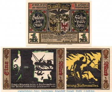 Notgeld Stadt Fürstenwalde , Set mit 3 Scheinen 1 Mark in kfr. o.D.  Brandenburg Seriennotgeld