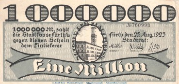 Notgeld Stadt Fürth , 1 Million Mark Schein in gbr. Keller 1654.e von 1923 , Bayern Inflation