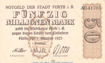 Notgeld Stadt Fürth , 50 Millionen Mark Schein in gbr. Keller 1654.h von 1923 , Bayern Inflation