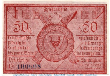 Notgeld Stadt Füssen 2085.05.35 , 50 Pfennig Sechseckflechtwerk in kfr. von 1918 , Bayern Verkehrsausgabe