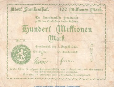Notgeld Stadt Frankenthal , 100 Millionen Mark Schein in gbr. Keller 1520.g von 1923 , Pfalz Inflation