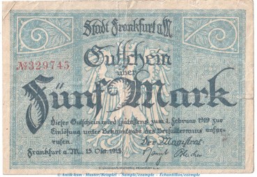 Notgeld Stadt Frankfurt a.M. 5 Mark Schein in gbr. Geiger 150.01 , 15.10.1918 , Hessen Großnotgeld
