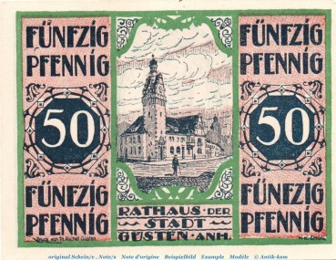 Notgeld Stadt Güsten 494.1 , 50 Pfennig Schein Nr. 2 in kfr. von 1921 , Sachsen Anhalt Seriennotgeld