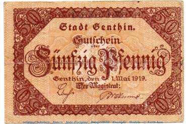 Notgeld Stadt Genthin 2175.05.05 , 50 Pfennig Schein in gbr. von 1919 , Sachsen Anhalt Verkehrsausgabe