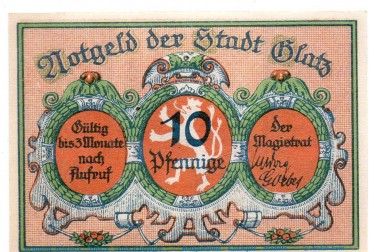 Preview: Notgeld Stadt Glatz 431.2 , 10 Pfennig Nr 4 rot in kfr.von 1921 , Schlesien Seriennotgeld