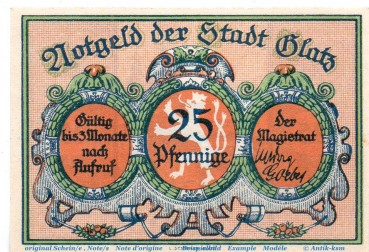 Preview: Notgeld Stadt Glatz 431.3 , 25 Pfennig Nr 4 gelbbraun in kfr.von 1921 , Schlesien Seriennotgeld
