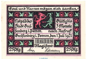 Preview: Notgeld Stadt Greifenberg 467.1 , 25 Pfennig Schein in kfr. von 1921 , Pommern Seriennotgeld