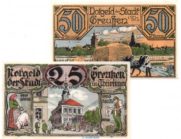 Notgeld Stadt Greußen 472.1 , Set mit 2 Scheinen in kfr. von 1921 , Thüringen Seriennotgeld