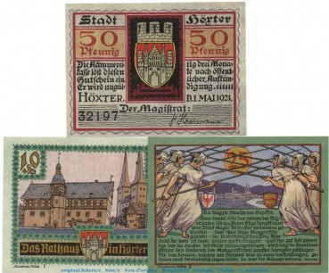 Notgeld Stadt Höxter 618.1 , Set mit 3 Scheinen in kfr. von 1921 , Westfalen Seriennotgeld