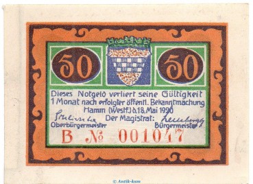 Notgeld Stadt Hamm 568.2.a , 50 Pfennig B Nr.1 breiter Rand in kfr. von 1920 , Westfalen Seriennotgeld