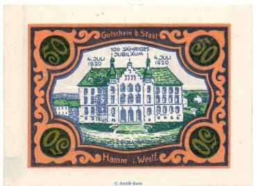 Notgeld Stadt Hamm 568.2.a , 50 Pfennig B Nr.2 breiter Rand in kfr. von 1920 , Westfalen Seriennotgeld