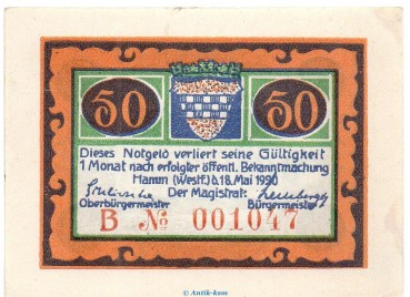 Preview: Notgeld Stadt Hamm 568.2.a , 50 Pfennig B Nr.2 breiter Rand in kfr. von 1920 , Westfalen Seriennotgeld