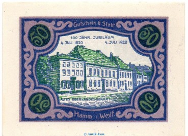 Preview: Notgeld Stadt Hamm 568.2.a , 50 Pfennig B Nr.3 breiter Rand in kfr. von 1920 , Westfalen Seriennotgeld