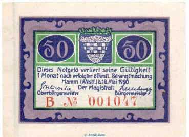 Notgeld Stadt Hamm 568.2.a , 50 Pfennig B Nr.3 breiter Rand in kfr. von 1920 , Westfalen Seriennotgeld
