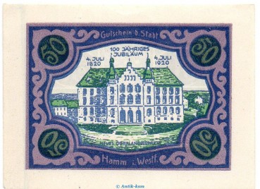 Preview: Notgeld Stadt Hamm 568.2.a , 50 Pfennig B Nr.4 breiter Rand in kfr. von 1920 , Westfalen Seriennotgeld