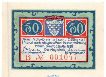 Preview: Notgeld Stadt Hamm 568.2.a , 50 Pfennig B Nr.5 breiter Rand in kfr. von 1920 , Westfalen Seriennotgeld