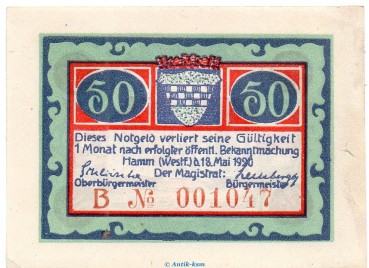 Notgeld Stadt Hamm 568.2.a , 50 Pfennig B Nr.6 breiter Rand in kfr. von 1920 , Westfalen Seriennotgeld