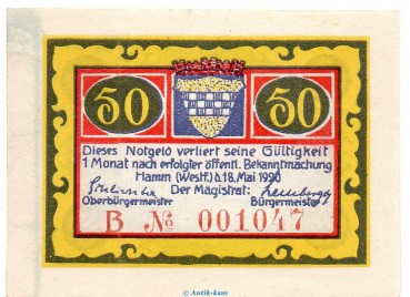 Notgeld Stadt Hamm 568.2.a , 50 Pfennig B Nr.7 breiter Rand in kfr. von 1920 , Westfalen Seriennotgeld