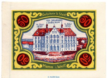 Notgeld Stadt Hamm 568.2.a , 50 Pfennig B Nr.8 breiter Rand in kfr. von 1920 , Westfalen Seriennotgeld