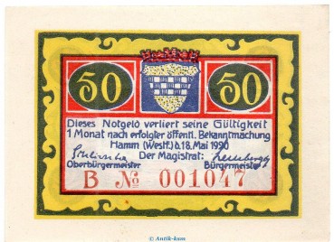 Preview: Notgeld Stadt Hamm 568.2.a , 50 Pfennig B Nr.8 breiter Rand in kfr. von 1920 , Westfalen Seriennotgeld