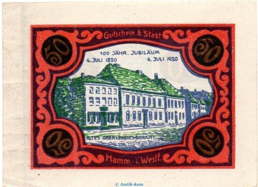 Preview: Notgeld Stadt Hamm 568.2.b , 50 Pfennig C Nr.3 breiter Rand in kfr. von 1920 , Westfalen Seriennotgeld