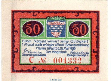 Preview: Notgeld Stadt Hamm 568.2.b , 50 Pfennig C Nr.4 breiter Rand in kfr. von 1920 , Westfalen Seriennotgeld