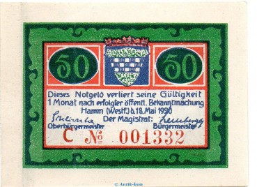 Notgeld Stadt Hamm 568.2.b , 50 Pfennig C Nr.6 breiter Rand in kfr. von 1920 , Westfalen Seriennotgeld