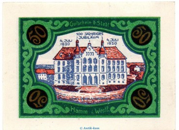 Preview: Notgeld Stadt Hamm 568.2.b , 50 Pfennig C Nr.6 breiter Rand in kfr. von 1920 , Westfalen Seriennotgeld