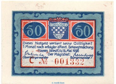 Preview: Notgeld Stadt Hamm 568.2.b , 50 Pfennig C Nr.7 breiter Rand in kfr. von 1920 , Westfalen Seriennotgeld