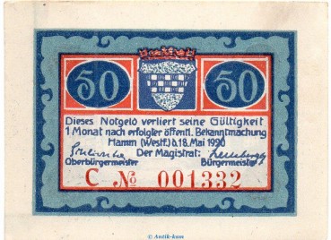 Notgeld Stadt Hamm 568.2.b , 50 Pfennig C Nr.8 breiter Rand in kfr. von 1920 , Westfalen Seriennotgeld