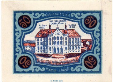 Preview: Notgeld Stadt Hamm 568.2.b , 50 Pfennig C Nr.8 breiter Rand in kfr. von 1920 , Westfalen Seriennotgeld