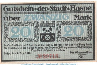 Notgeld Stadt Haspe , 20 Mark Schein in kfr. Geiger 224.03 von 1918 , Westfalen Grossnotgeld