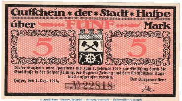 Notgeld Stadt Haspe , 5 Mark Schein in kfr. Geiger 224.01 von 1918 , Westfalen Grossnotgeld