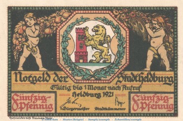 Preview: Notgeld Stadt Heldburg 594.1 , 50 Pfennig Schein Nr.5 in kfr. von 1921 , Thüringen Seriennotgeld