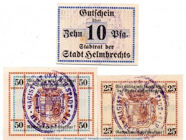 Notgeld Stadt Helmbrechts 2925.05.20-31 , Set mit 3 Scheinen in kfr. o.D. Bayern Verkehrsausgabe