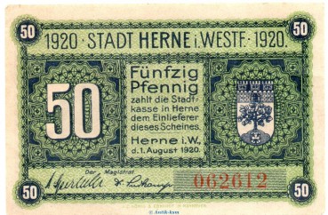 Notgeld Stadt Herne 2960.10.31 , 50 Pfennig Schein in kfr. von 1920 , Westfalen Verkehrsausgabe