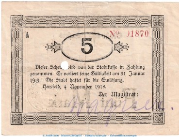 Notgeld Stadt Hersfeld , 5 Mark Schein in gbr.E , Geiger 231.04.a von 1918 , Hessen Grossnotgeld