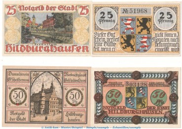 Notgeld Stadt Hildburghausen 608.1-2 , 2 Sets mit 4 Scheinen in kfr. o.D. Thüringen Seriennotgeld