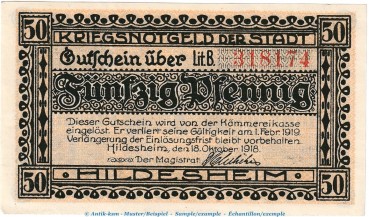 Notgeld Stadt Hildesheim , 50 Pfennig Schein in kfr. Tieste 3030.10.10 von 1918 , Niedersachsen Verkehrsausgabe