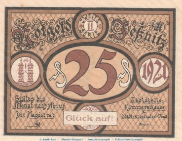 Preview: Notgeld Stadt Jessnitz 659.3 , 25 Pfennig Nr.2 -Glück auf- in kfr. von 1921 , Sachsen Anhalt Seriennotgeld