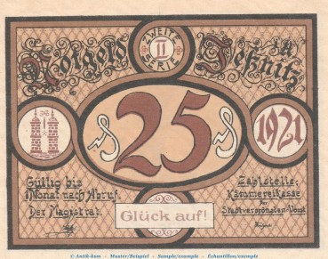 Preview: Notgeld Stadt Jessnitz 659.3 , 25 Pfennig Nr.3 -Glück auf- in kfr. von 1921 , Sachsen Anhalt Seriennotgeld