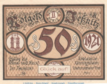 Preview: Notgeld Stadt Jessnitz 659.3 , 50 Pfennig Nr.2 -Glück auf- in kfr. von 1921 , Sachsen Anhalt Seriennotgeld