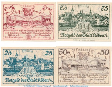 Notgeld Stadt Köben 714.2 , Set mit 4 Scheinen in kfr. von 1920 , Schlesien Seriennotgeld