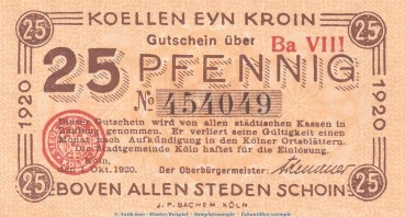 Notgeld Stadt Köln , 25 Pfennig Schein in kfr. Tieste 3565.105.46 von 1920 , Rheinland Verkehrsausgabe