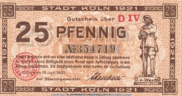 Notgeld Stadt Köln , 25 Pfennig Schein in kfr. Tieste 3565.105.66 von 1921 , Rheinland Verkehrsausgabe