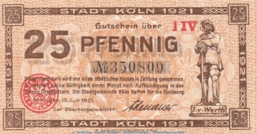 Notgeld Stadt Köln , 25 Pfennig Schein in kfr. Tieste 3565.105.81 von 1921 , Rheinland Verkehrsausgabe