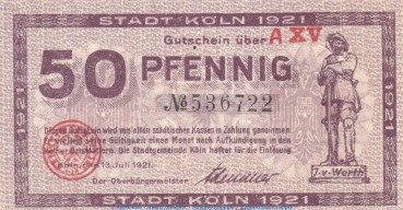 Notgeld Stadt Köln , 50 Pfennig Schein in kfr. Tieste 3565.105.72 von 1921 , Rheinland Verkehrsausgabe